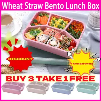 Zdravé Pšeničnej Slamy Bento Lunch Box 4 Oddelení Jedlo Prípravka Kontajner Lunch Box Piknik Jedlo Ovocie Kontajner Opakovane Úložný Box