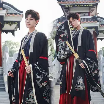 Muž Hanfu muž Xianqi black dragon výšivky Wei Jin Čínsky štýl dávnych kostým Han prvky celý súbor