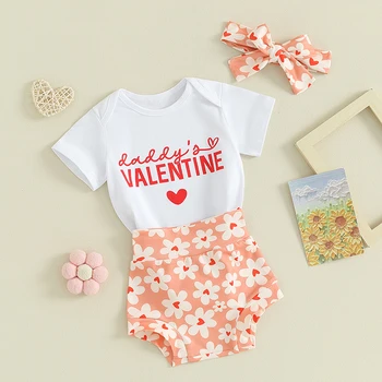 Detská Baby Girl Valentine s Deň Oblečenie Krátky Rukáv Romper Tlač PP Šortky hlavový most 3KS Novorodenca Oblečenie