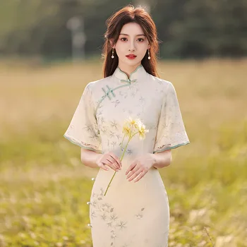 2023 Ženy Béžová Dlho Cheongsam Voľné Rukávom Letné Šaty Kvetinový Vintage Slim Pohodlné Večerné Svadobné Šaty S Až XXL