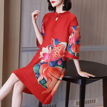 Čínsky krátky rukáv cheongsam skladaný šaty žena 2023 lete a na jeseň nové lady tlače o krk voľné a-line sukne ženy topy