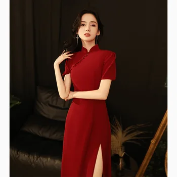 2023 Nové Víno Červené Svadobné Svadobné Šaty Vintage Tradičné Šaty Toast Oblečenie Qipao Módne, Elegantné Banquet Cheongsam