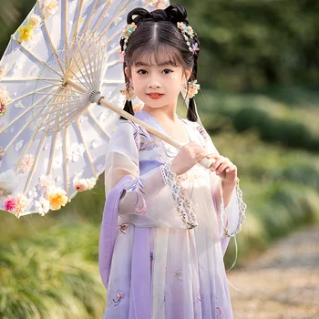 Cosplay Deti Fialová Kvetinové Výšivky Hanfu Vintage Deti, Dievčatá Šaty Čínskych Tradičných Ľudových Tanečných Kostýmov, Starodávne Oblečenie