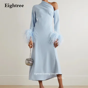 Eightree Sky Blue Prom Šaty, Vintage Dlhé Rukávy Perie Čaj Dĺžka Formálne Večerné Šaty Rozrezal Nohu Rúcha De Soirée 2023