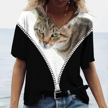 Móda Mačiatko 3D Tlač T-shirts Žena Streetwear Nadrozmerné V-neck Tričká Topy Ženy Tričko Žena Bežné Harajuku Y2k Oblečenie