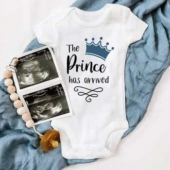 Princ Prišiel Tlač Baby Kombinézu Dieťa Boys Krátky Rukáv Romper Novorodenca Koruny Tlač Oblečenie Jumpsuit Dieťa Sprchou Darček