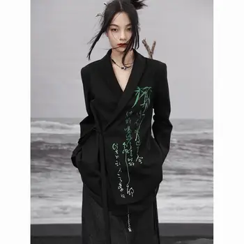 Jeseň čínsky štýl, ženy móda tang vyhovovali tričko módne sako orientálna čierny dlhý rukáv vylepšená tlač kabát