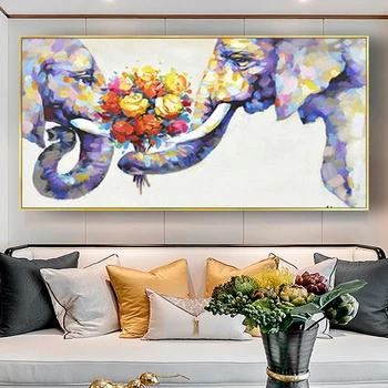 100% Ručne Maľované Moderné Kvety Wall Art Pár V Láske Zviera Slon Olejomaľba Na Plátne Domova Umelecké Diela Darček