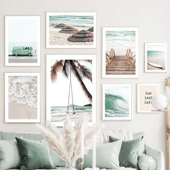 Tropické More, Pláž A Vlny Palm Swing Truck Wall Art Plátno Na Maľovanie Nordic Plagáty A Potlačou Obrazov Na Stenu Pre Obývacia Izba Dekor