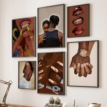 Móda Hip Pop Čierny Dievča Wall Art Obývacia Izba Dekorácie Plátno Maľovaní Plagátov A Vytlačí Abstraktných Obrazov Na Stenu Domova