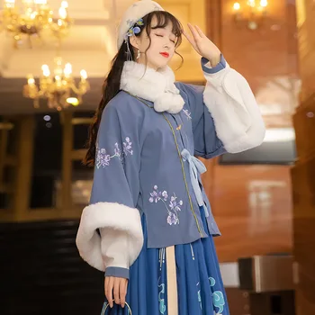 Hanfu ženy velvet jeseň a v zime biele lepšiu stand-up golier obyčajný blúzka skladaná sukňa kompletná sada