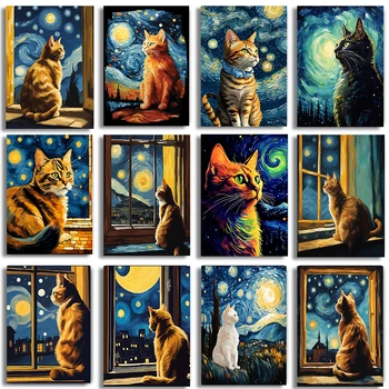 Van Gogh, Hviezdna Noc Romantický Black Cat Pár Umenie Graffiti Zvierat Plátno Na Maľovanie Hviezdy Neba Umenie Plagátu Spálne Dekorácie