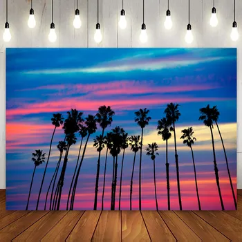 Kalifornia Tropické Pláži Na Šírku Pozadie Palma Siluetu Santa Barbara, Usa, Západu Slnka Farebné Sky Fotografia V Pozadí