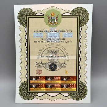 Nové Zimbabwe Jeden Googol Kontajnery Bankoviek Certifikát 10 Duotrigintillion 509 Quintrigintillion Poznámky Vodotlač, Fluoreskujúce