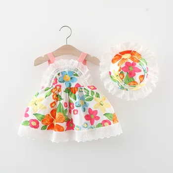 2 ks/SetNew letné detské šaty s kontrastné farby, veľké kvetinová čipka podväzkové dievča šaty s handričkou klobúk