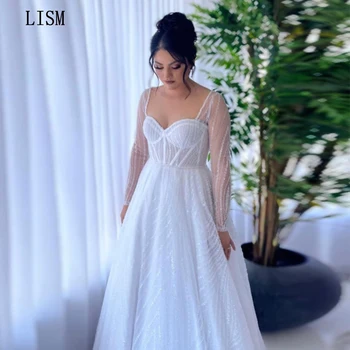 LISM Elegantný Lesk Formálne Svadobné Šaty Zlatíčko-Line Svadobné Šaty S Dlhými Rukávmi Rozprávkový Večer Prom Šaty