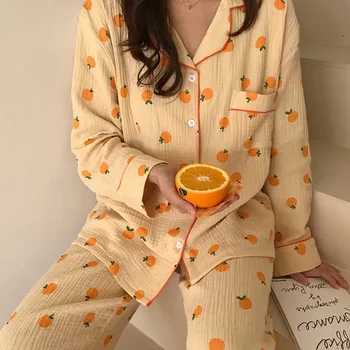 Kawaii Bavlna Domov Vyhovovali kórejský Sleepwear Orange Tlač Pyžamo Ženy Jeseň Pijama Pyžamá Dlhý Rukáv, Nohavice 2Piece Nastaviť Odev
