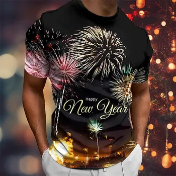 2024 Nový Rok T-Shirt Pre Mužov-Krátke Rukávy 3d Ohňostroj Tlače O-Neck Top Módne pánske T-Shirt Nadrozmerné Oblečenie, Pulóvre