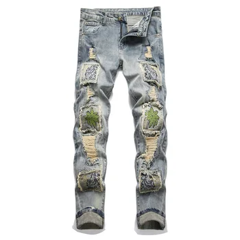 Muži Fashion Jeans Otvor Patch Výšivky Denim Muž Kvalitné Džínsy Hip Hop Pantalones Hombre Rovno Bežné Nohavice