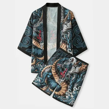 Dvoch-dielny Oblek Japonské Kimono Cardigan Šortky Nastaviť Tlač Dragon Muži Ženy Tričko Tradíciu Yukata Haori Obi Coaplay Kostým