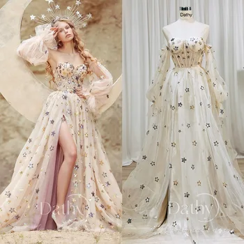 Dathy Princezná A-Niť Loptu Šaty z Hodvábu Organza Večerné Šaty 3D Kvetinové Výšivky Sexy A-niť Party šaty