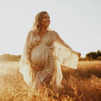 Luxusné Tehotné Ženy Boho Šaty pre Fotografiu Strieľať tvaru Župan Baby Sprcha Dar Materstva Šaty Zlata Prášku Flitrami Tehotenstva Šaty