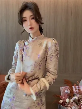 Cheongsam Čínske Tradičné Šaty Qipao Ženy Moderný Elegantný Vytlačené Dlho Puzdre Zimné Retro Pribrala Teplé Oblečenie 2024