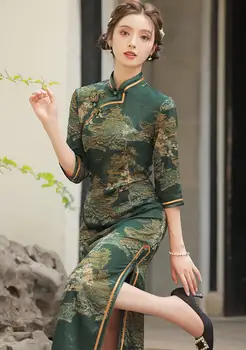 Tlač Čínsky Cheongsam Tradičné Mandarin Golier Šaty Na Jeseň Nové Qipao Vintage Štýl Jednoduché, Elegantné Spoločenské Šaty Vistidos