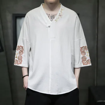 Pánske Čínsky štýl Bavlna V-neck T-shirts Sinicism Vintage Príchuť Vyhovovali Vyšívané T-shirt pánske T-shirt Topy Voľné Pohodlné