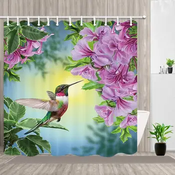 Kvety Sprchové Závesy Vták Kolibrík s Prírodnými Ružová Kvetinová, Kúpeľňa Decor Polyester Textílie Vaňou Záclonové Háčiky
