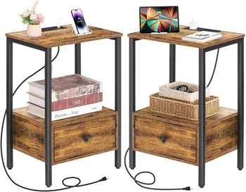 Bočné Tabuľky s Nabíjacej Stanice, Sada 2 nočnom stolíku s USB Portov & elektrických Zásuviek,Úzky Koniec Stôl so Zásuvkou a Skladovanie