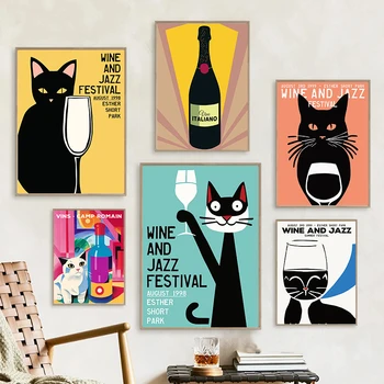 Retro Vína A Jazz Letný Festival Plagát Plátno Na Maľovanie Abstraktné Mačky Piť Múr Umenia Pre Moderného Obývacej Miestnosti Domova