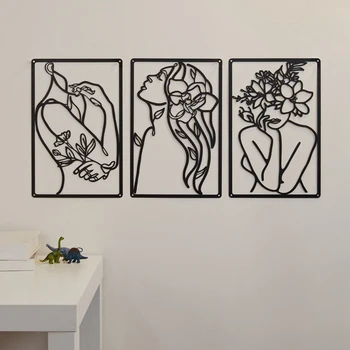 3 Kusy Kovové Minimalistický Abstraktné Žena Wall Art Line Kreslenie Wall Art Decor Jednom Riadku Ženských Domov Zavesenie Na Stenu Dekor Trvanlivé