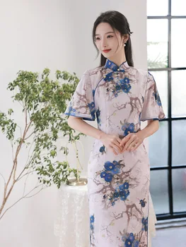 Letné Čínske Tradičné Krátke Rukávy Slim Qipao Ženy Vintage Blue Kvetinový Tlač Cheongsam