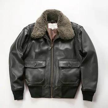 Vlna golier pravé hovädzie kože kabát mužov cowhide air force bežné kožená bunda na motocykel jazdca bunda veľká veľkosť Zimné Kabáty