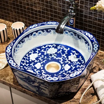 Ručné Modré A Biele Porcelánové, Keramické Kúpeľňa Pultu Kúpeľni, Umývadlo