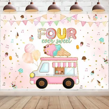 Štyri Niekedy Sladké Narodeniny Pozadie Ice Cream Truck 4. Narodeniny, Party Dekorácie Farebné Konfety Balón Šišku Foto Pozadia