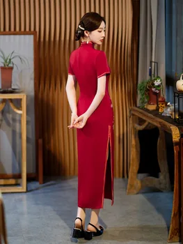 Elegantné Letné Hodváb Dlhé Červené Cheongsam Banquet Ušľachtilý Retro Elegantné Qipao Čínske Tradičné Večerné Svadobné Šaty pre Ženy