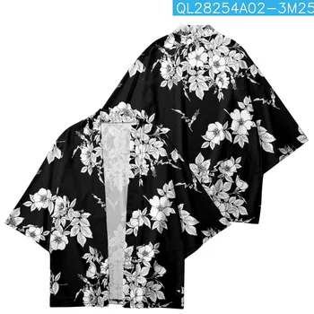 Letné Biele Kvety Tlače Čiernej Košele Tradičné Kimono Muži Ženy Yukata Módne Japonský Cardigan Cosplay Haori Oblečenie