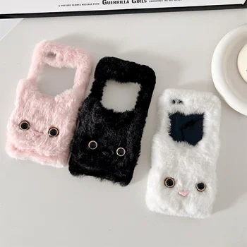 Krásne 3D Kitty Cat Plyšové Flanelové Kožušiny Zime Teplé Shockproof Telefón puzdro pre Samsung Galaxy Z Flip 5 4 3 Zadný Kryt