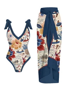 Vintage Kvetinový Geometrických Tlač Jednodielnych Plaviek A Zakryť Luxusné Plavky Pre Ženy V Krku Plavky Sexi 2023