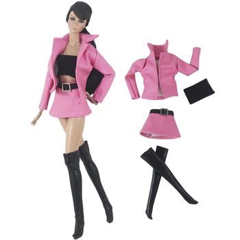 1 Nastavte Ružové Kožené Oblečenie Bežné Top+Kabát+Sukňa+Ponožky 1/6 BJD Doll Oblečenie na Jeseň Nosiť Oblečenie pre Bábiku Barbie Príslušenstvo