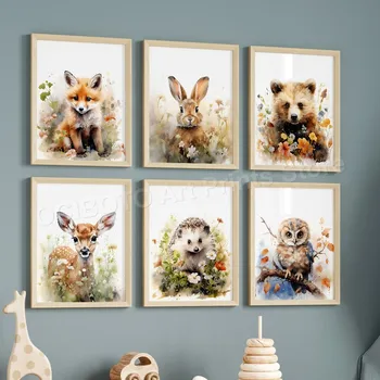 Líška, Medveď, Zajac Jež Jeleň Sova Wildflower Dieťa Zvierat Deti Plagát Na Stenu Akvarel Umelecké Plátno, Vytlačí Škôlky Dekor Obrázok