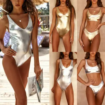 Sexy Lesklé Zlaté/Strieborné Kovové Kožené Lopatka Krku Biquini plavky Plavky Plus Veľkosť Plaviek Ženy Brazílske Bikini hot