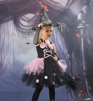 Nové Halloween Dievčatá Čarodejnice Cosplay Kostýmy pre Deti Black Spider Zlo Koleno Dĺžke Tutu Šaty s Kvet Ružový Oka Party Šaty