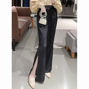 2024 čínsky nový štýl bežné dámske nohavice vysoký stupeň vytlačené chinoiserie štýl vysoký pás široký nohu bell-dna nohavice