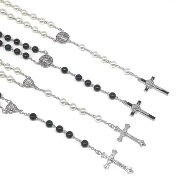 Čierne a biele okrúhle korálky modlitba perličiek cross prívesok náhrdelník sklo imitácia perly dlhý sveter reťazca pre UNISEX