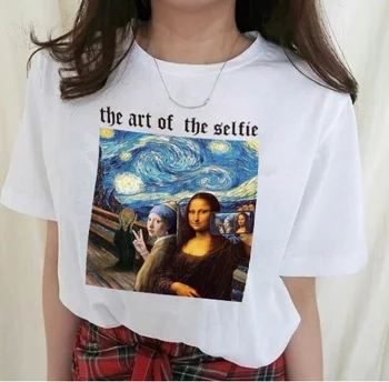 Umenie Selfie Zábavné Tees Het Meisje Splnené De Parel Mona Lisa, Hviezdna Noc Umenia Vytlačené T Shirt Ženy Krátky Rukáv