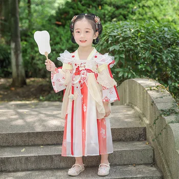 Staroveké Party Stage Nosenie Čínskej Tradičnej Kostým Hanfu Detí Dievča Rozprávky Červená Kvetinové Výšivky Šaty