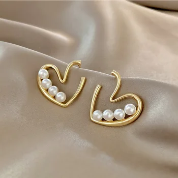 Vintage Pearl Láska Srdca Náušnice Pre Ženy Zobraziť Tenké Tvár Zlatá Farba Dámy Ušné Štuple 2023 Trend Šperky Earings Príslušenstvo